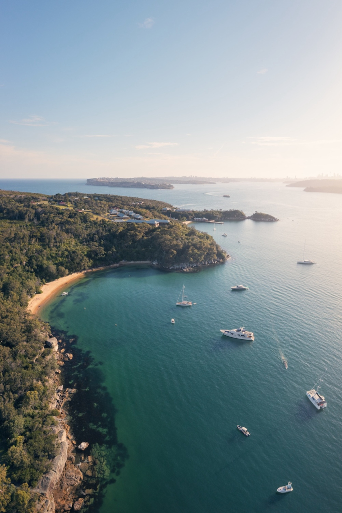 Aerial photo of boats in front of Store Beach, Manly.